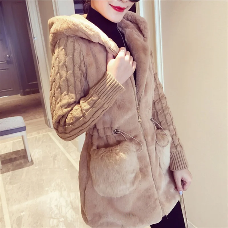 

Fashion Women Jacket New Patchwork Casual Hooded Plush Warm Jacket Pocket Zipper Oversized Winter New Ladies Coat