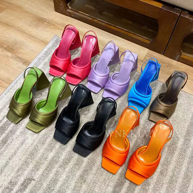 

Summer sandals women solid color chunky high heel slingback square toe peep toe sexy party dress shoes ladies pumps 2021