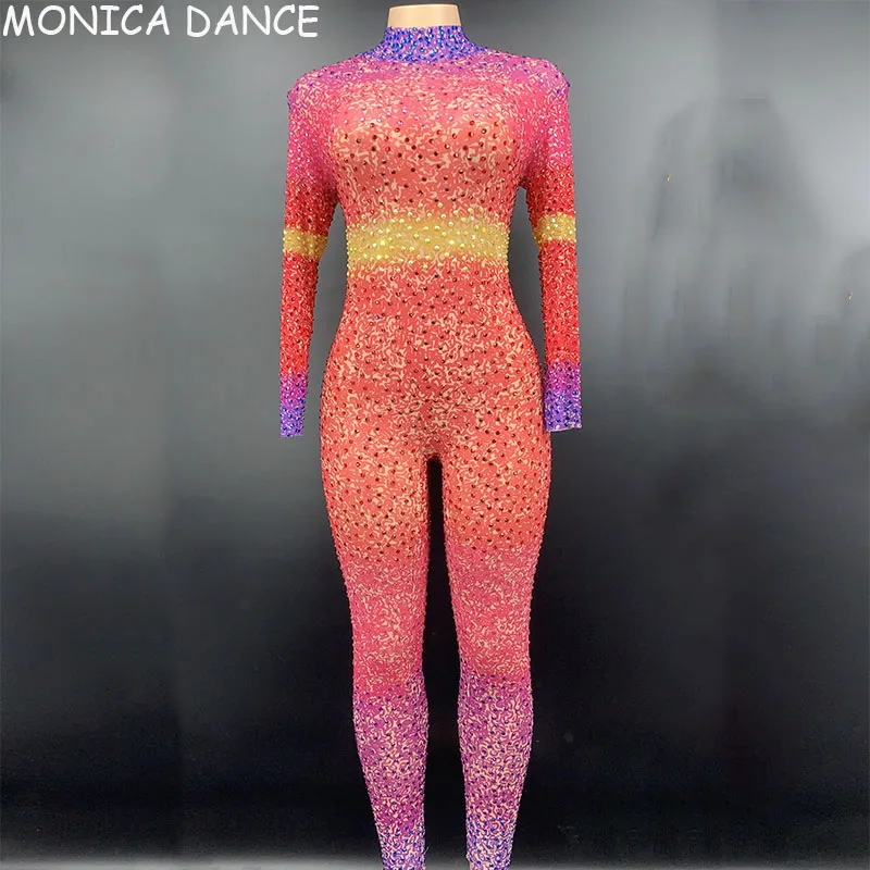 Women Sexy Stage Multi-color Rhinestones Transparent Jumpsuit bar Women Dancer Leggings Stage Wear Birthday Celebrate Outfit