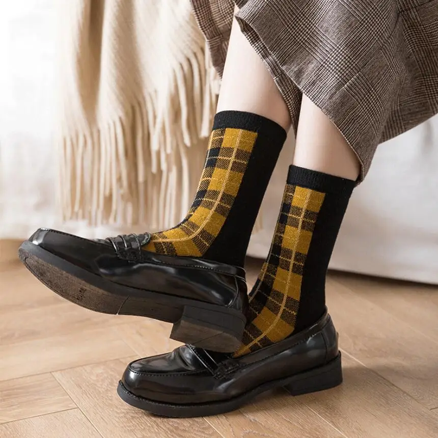 Women Solid Plaid Cotton Socks Girls Black Base Checks Ankle Socks Mustard Plaid Socks Black White Plaid Socks 6 pairs/lot