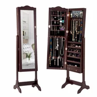 Mirrored Jewelry Cabinet Armoire Storage Organizer w/Drawer & Led Lights Brown/White HW66084