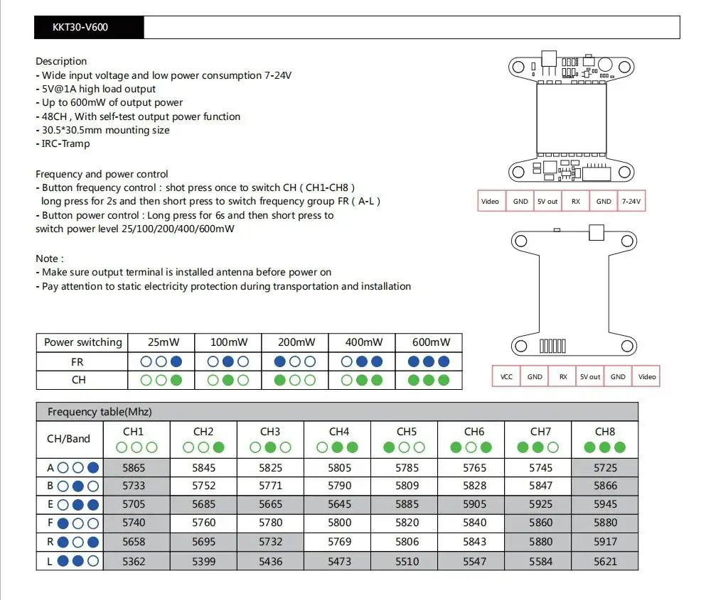 

RCtown LDARC KKT30-V600 7-24 48CH 0-600 IRC-Tramp VTX 30,5*30,5 FPV Racing RC Drone