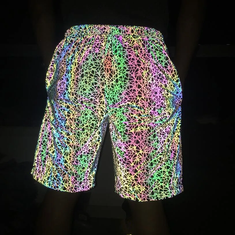 

Men Stripe Colorful Reflective Shorts Street Punk Hip Hop Short Pants Man Summer Casual Army Green Boardshort Bermuda Masculina