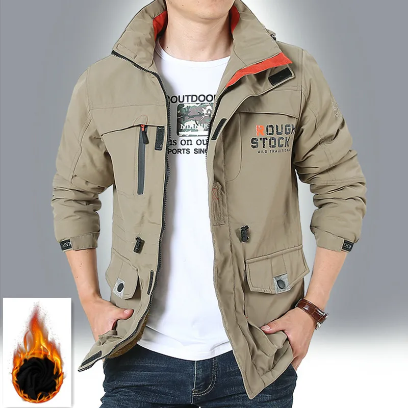 2019New Мода с капюшоном Военная куртка для мужчин осень зима теплый флис плюс