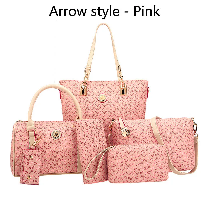 Arrow-Pink-6pcs Autumn New Fashion Women's Bag 6 Piece Set Plaid Bag Lady Slung Hand Bag Shoulder Messenger Composite Bag - Цвет: Arrow-Pink-6pcs