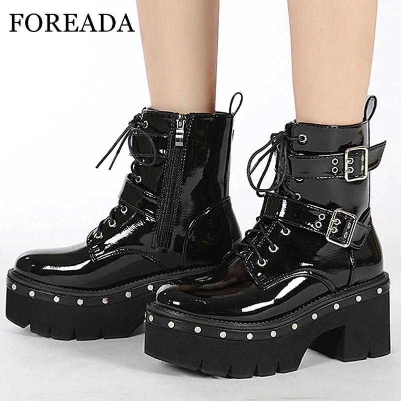 

Женские ботинки в стиле панк FOREADA, ботильоны на платформе и толстом высоком каблуке, осенние ботинки с заклепками, застежкой-молнией и пряжк...