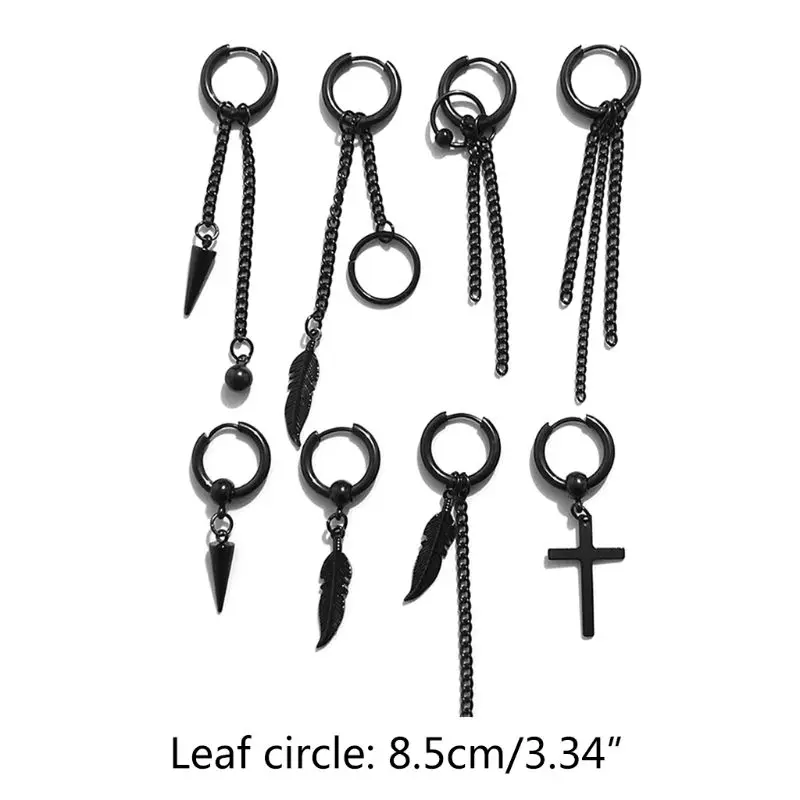

8Pcs/Set Stainless Steel Stud Earrings Leaf Circle Ear Cuff Dangle Pendant Women Men Gothic Jewelry E56A