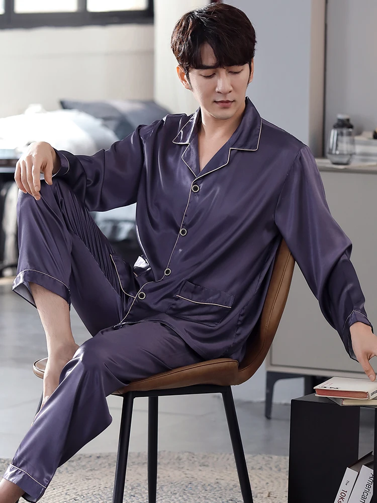 Spring Men Pajamas 2 Pcs Ice Silk Sleepwear Set Solid Home Pants Blue Pijamas Long Sleeve Pjs Bedgown Homme Bedroom Pyjamas Suit