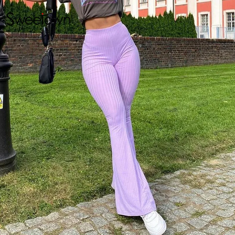 

Purple Ribbed Joggers Women Knitted Flare Pants Slim High Waist Aesthetic Trousers Female Vintage 90s Sweatpants