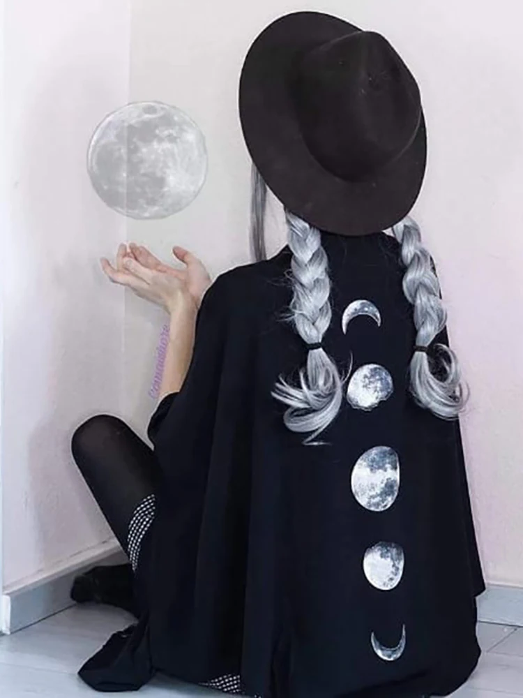 black Fitshinling Moon Готическая блузка рубашка женская с рукавом летучая мышь большой размер бахрома Топ Женская рубашка длинный кардиган гранж черный Blusas Новинка - Цвет: black