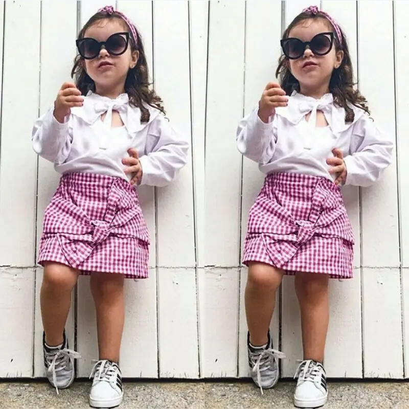 

Toddler Kid Baby Girl T-Shirt Tops+Plaid Dress Skirt Outfits Clothes 0-5Years
