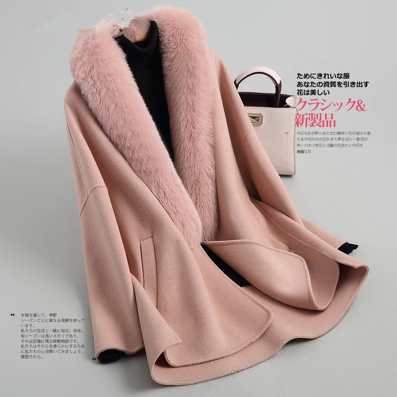 Autumn Winter Women Big Fox Fur Collar Real Wool Female Double-side Woolen Coat Vintage Jacket X2412000DMP8101MY1902 | Женская одежда
