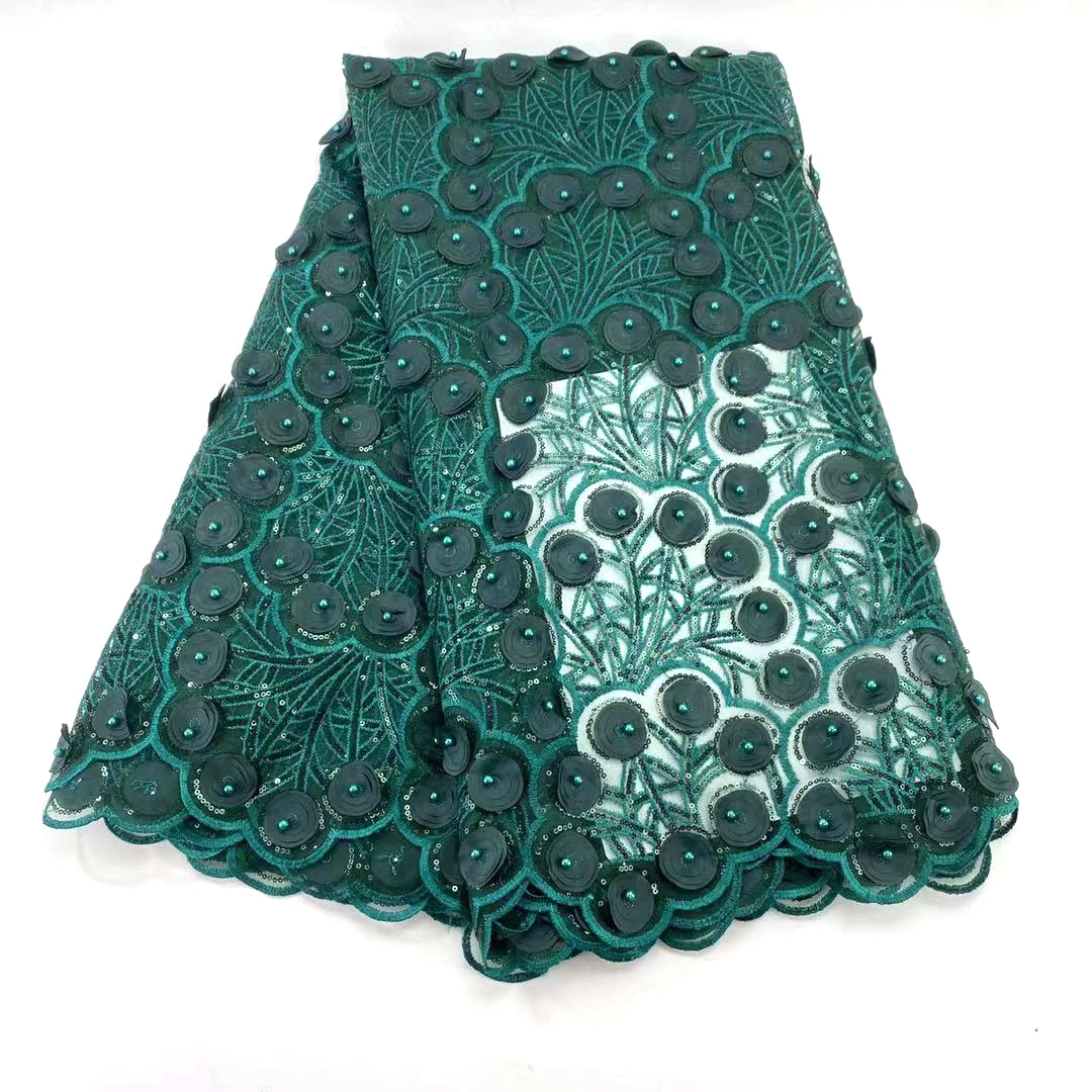 Темно зеленое кружевное платье ткань с вышивкой блестящая французская сетка