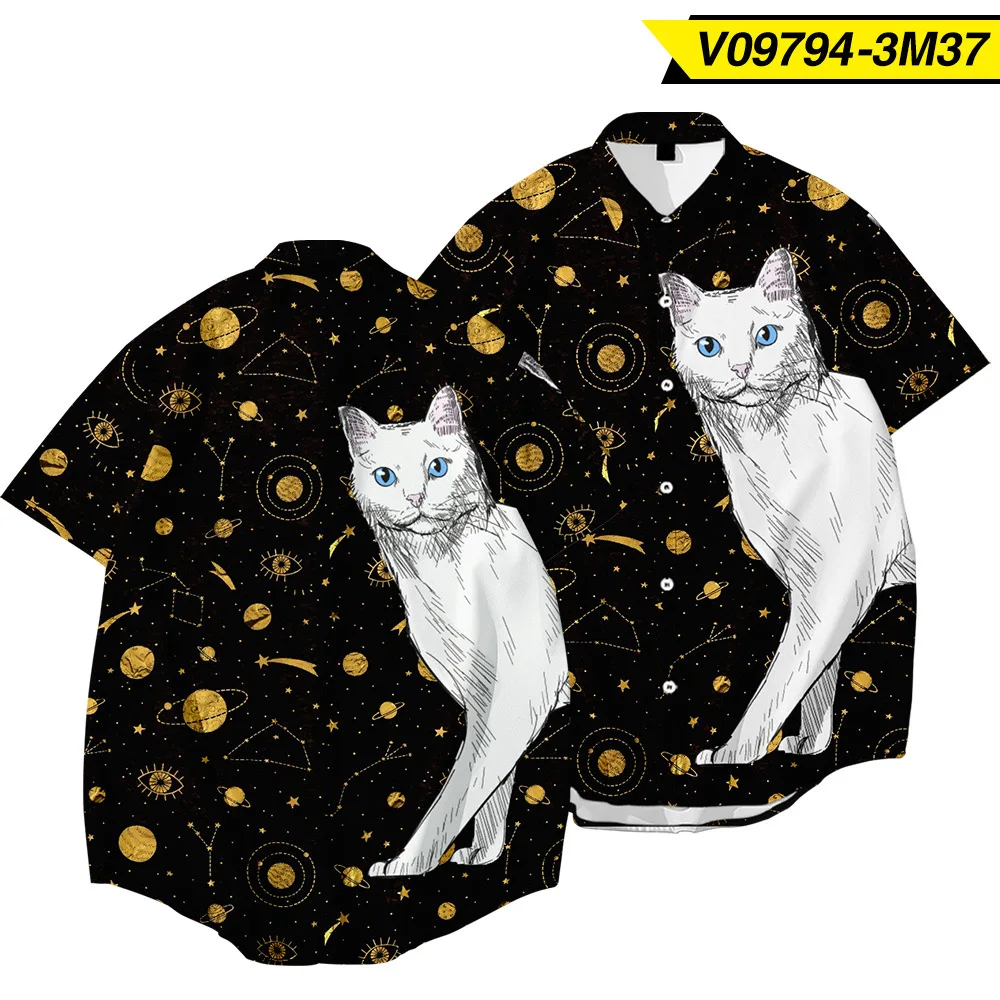 

Men Vintage Black Cat Print Loose Short Sleeve Stand Collar Casual Shirt High Quality Blouse
