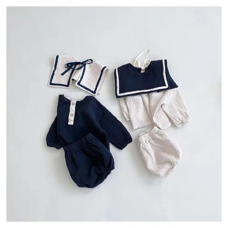 

MILANCEL 2021 Spring New Kids Clothing Set Navy Collar Long Sleeve Loose Bodysuit 2 Pcs Suit