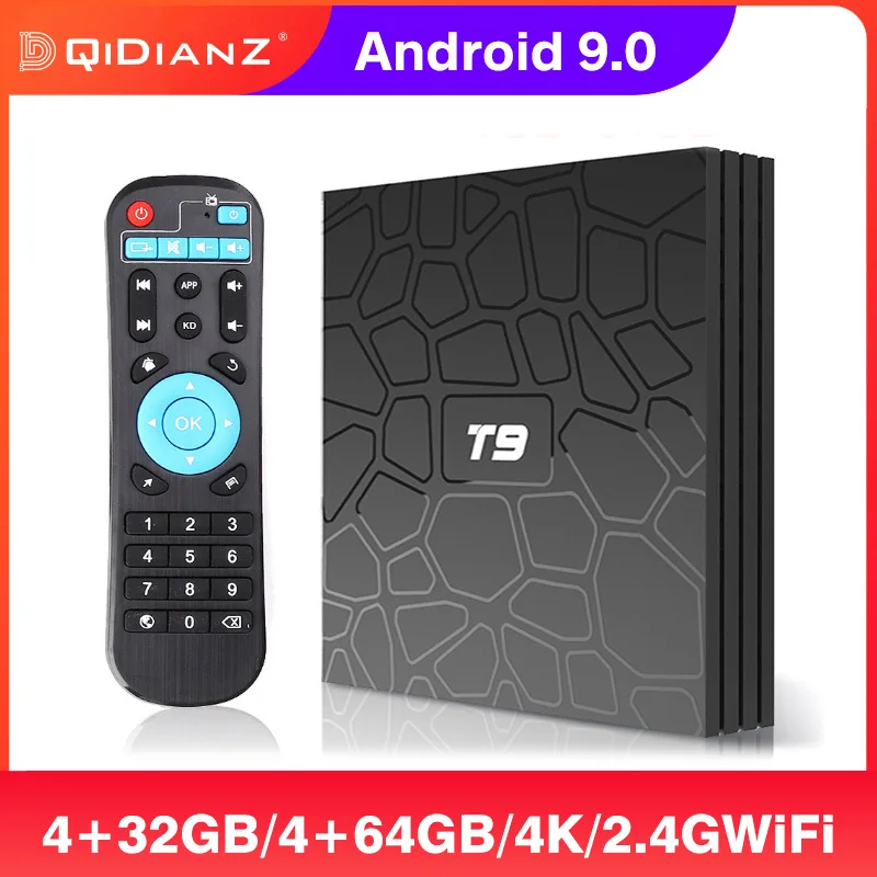 Смарт ТВ Бокс T9 Android 9.0 RK3318 Четырёхъядерный 2ГГц/4ГБ ОЗУ USB 3.0 4К Топовый Бокс GPU Mali-450MP2 ТВ-бокс Поддержка Многопользовательских Игр.