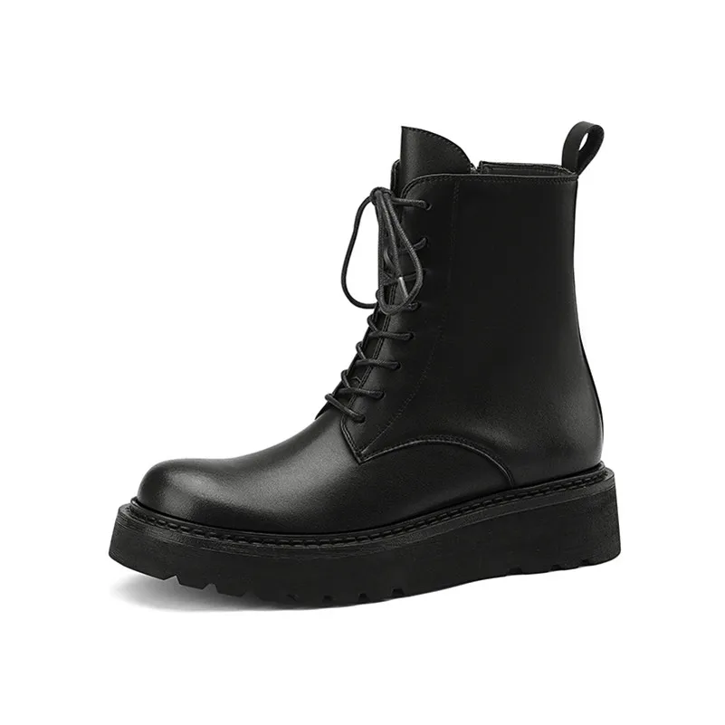

FOREADA Real Leather Motorcycle Boots Woman Flat Platform Ankle Boots Lace Up Short Boots Zip Female Shoes Autumn Winter Size 40
