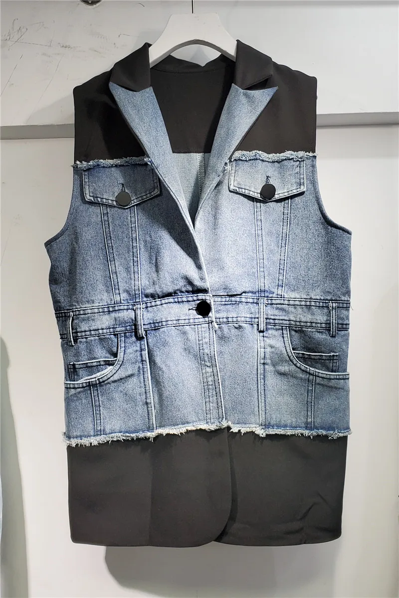 

2020 new lapel suit stitching denim jacket women's sleeveless waistcoat color matching frayed vest outside