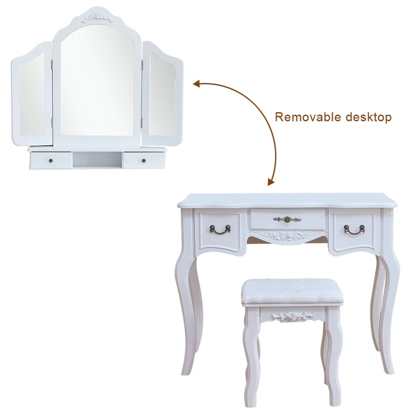 

Makeup Stool Wooden Drawers Modern Tri-fold Mirror Dresser with Dressing Stool White for Bedroom Living Room