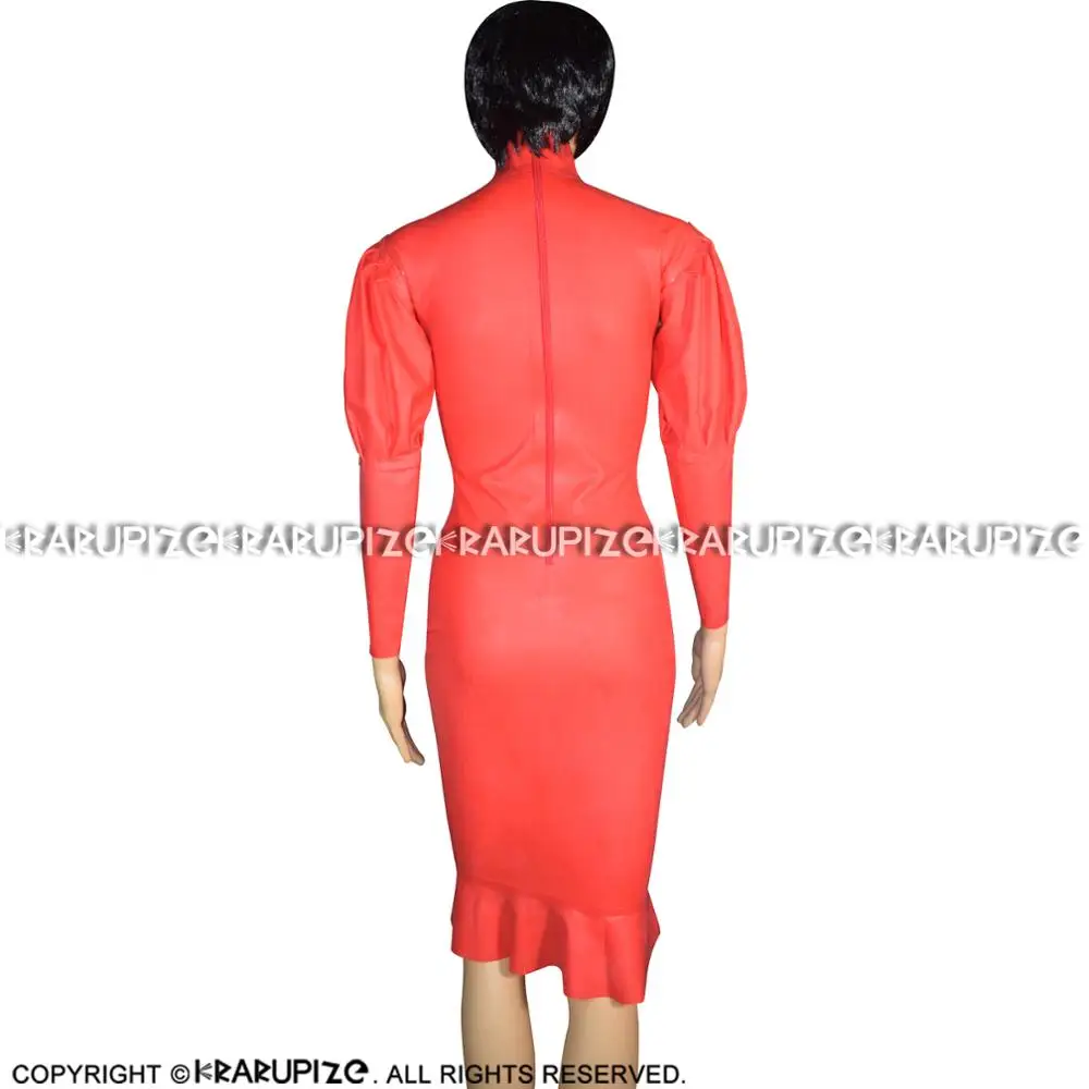 Красное сексуальное латексное платье с задней молнией рукавами фонариками и