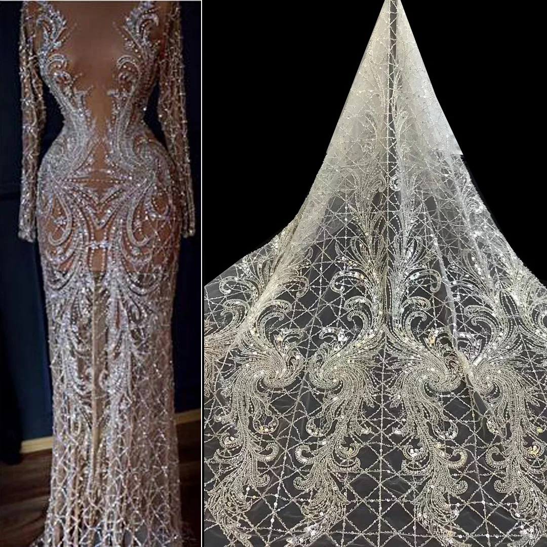 

(5yards/pc) High grade sequins and tube beads embroidered French net lace bling bling gold African wedding lace for party FAX003
