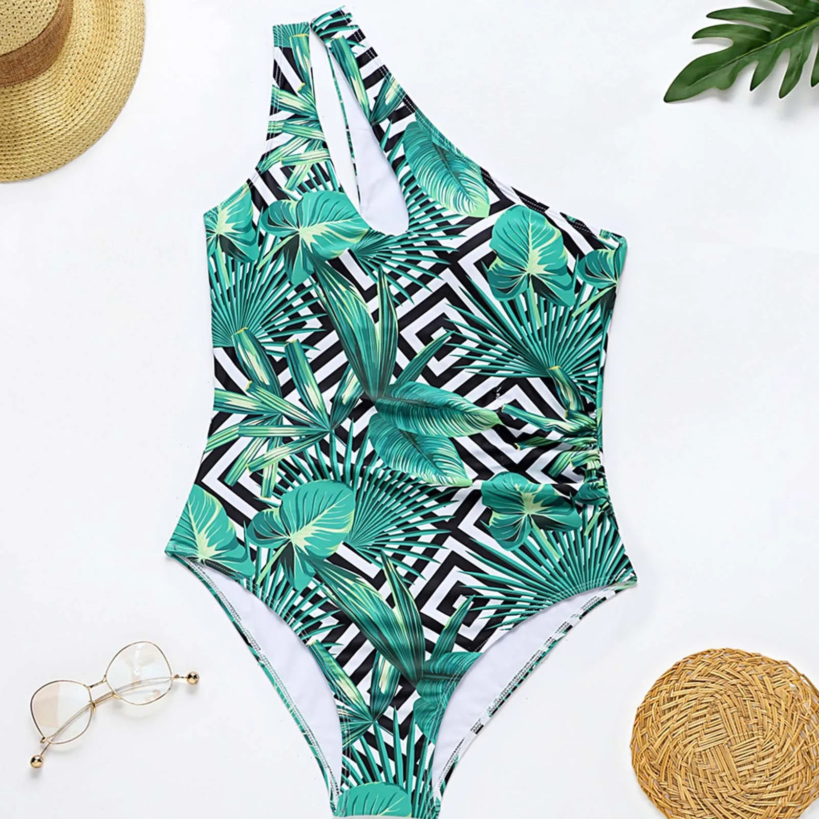 

Women's One-Shoulder Sexy High Elastic Swimsuit Leaf Print One-Piece Bikini High Waist Swimsuit Summer Beach Brazilian Bikini