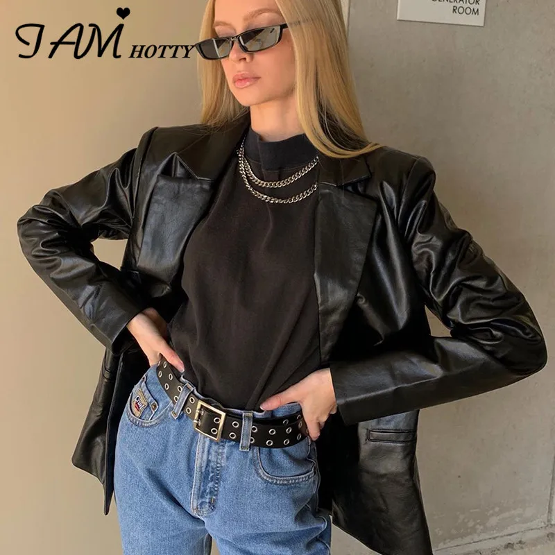 

Куртка IAMHOTTY женская из искусственной кожи, Модный черный Байкерский пиджак из искусственной кожи с карманами, уличная одежда в стиле панк, о...