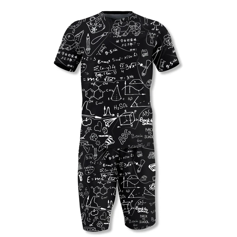 Trend T-Shirt With Shorts Suit Men Casual Sports Tracksuit Graffiti Math Pattern Student Half Sleeve Outfit Summer Clothing