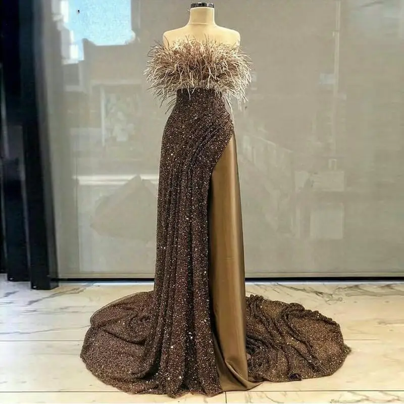 

Long Prom Dresses Sequins Feathers Sweep Train Formal Evening Gown Turkey Arabic Women Birthday Pageant Dress Robe De Soiree