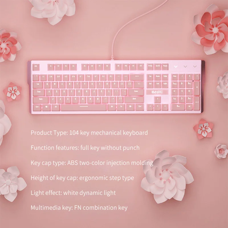 Новинка 2021 розовая игровая Механическая Проводная клавиатура для девочек белая