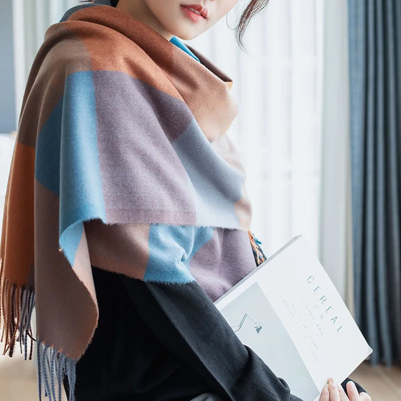 

Cashmere Like Scarf 2020 Autumn Winter Thicken Ladies Colorful Spliced Plaid Pattern Warm Tassels Decorative Temperament Shawls
