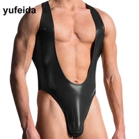 yufeida male gay open bust sexy catsuit faux leather sexy mens underwear black bodysuit leotard undershirt jumpsuit clubwear