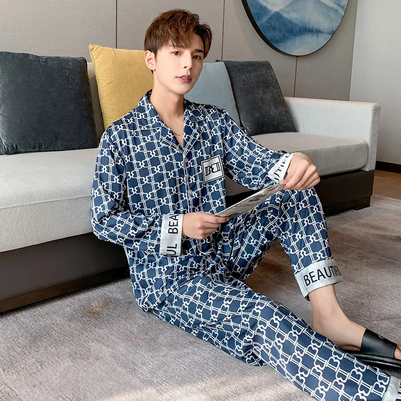 Spring/summer 2021 new set pajamas women's satin chiffon long sleeve trousers home thin two-piece set