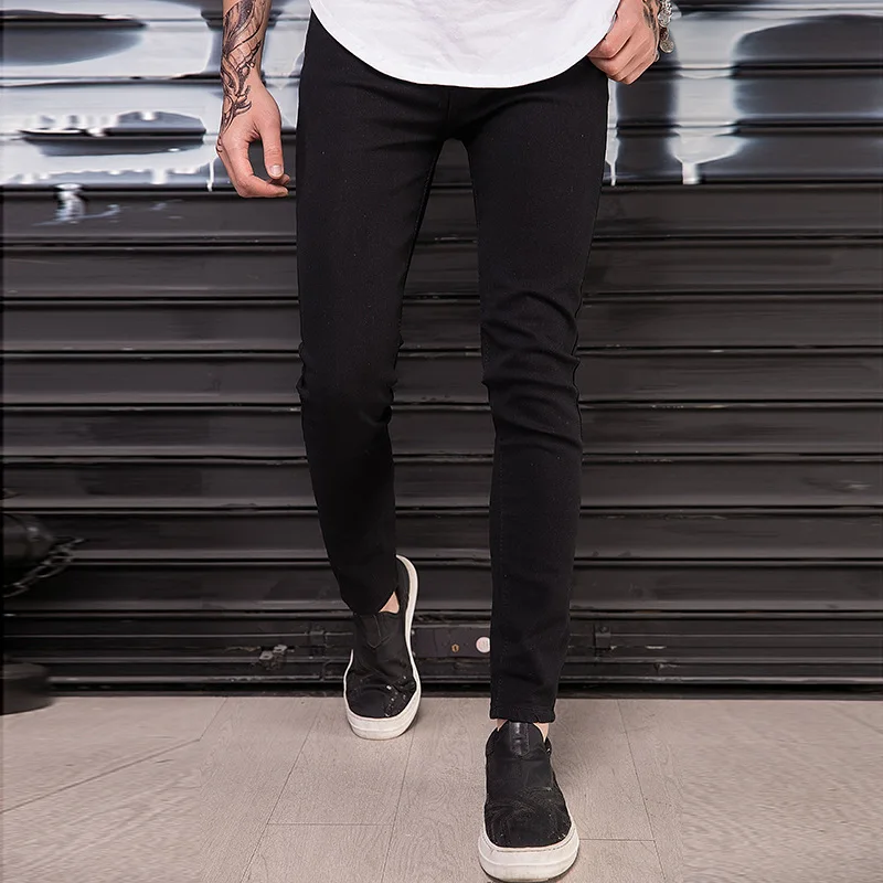 

2021 Black Skinny Jeans Knee Big Hole Jeans Men Slim Stretch Jeans Boys Small