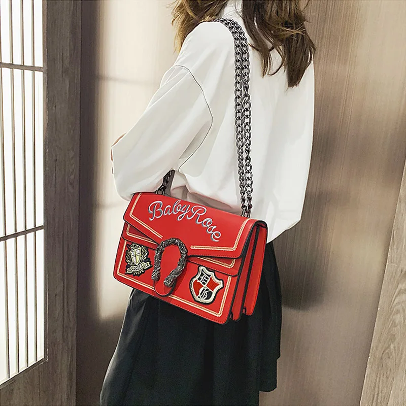 

CASMOR Women Bag Fashion Embroidered Badge Chain Flap Bag Ladies Personality Lock Shoulder Bag Female Messenger Bag