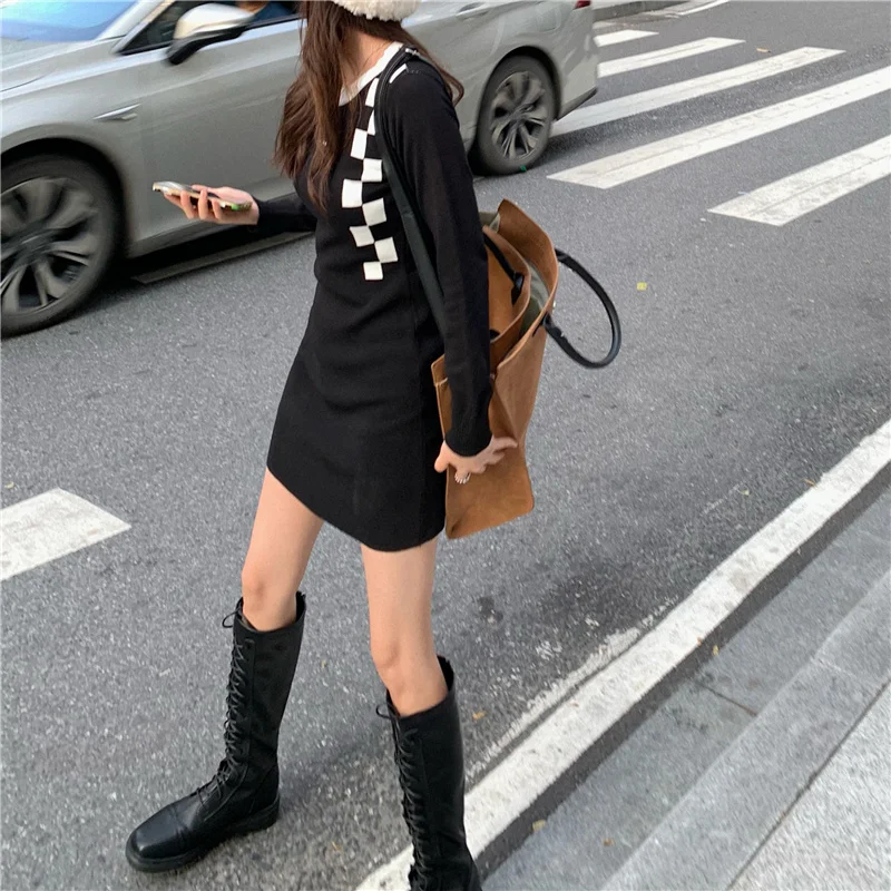 

French Plaid knitted dress women's autumn winter new high waist thin skirt skirt wrap hip skirt Nuyoah