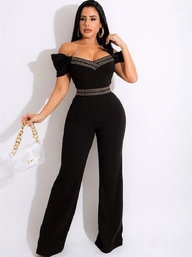 

Women Fashion Off Shoulder Wide-leg Pants Jumpsuit Sexy Elegant Slashes Neck Puff Sleeve Long Jumpsuit Women