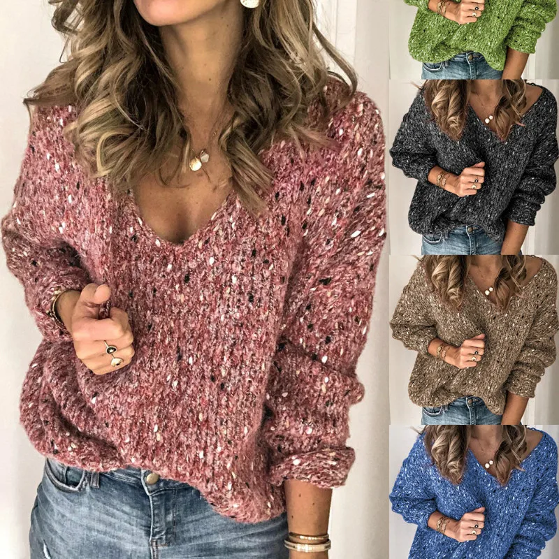 Модные свитера и джемперы Новинка осени 2019 однотонный Блестящий вязаный свитер