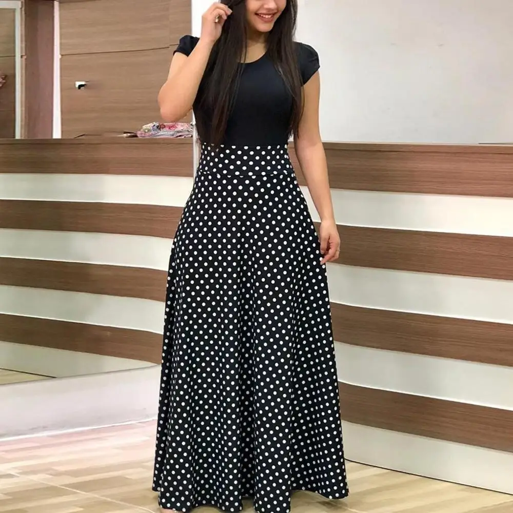 Платье женское длинное с коротким рукавом коктейльное вечернее платье в горошек