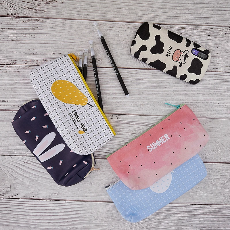 

1Set Square Student Pencil Case PU Cartoon Zipper +4 Pens For Stationery Storage Bag