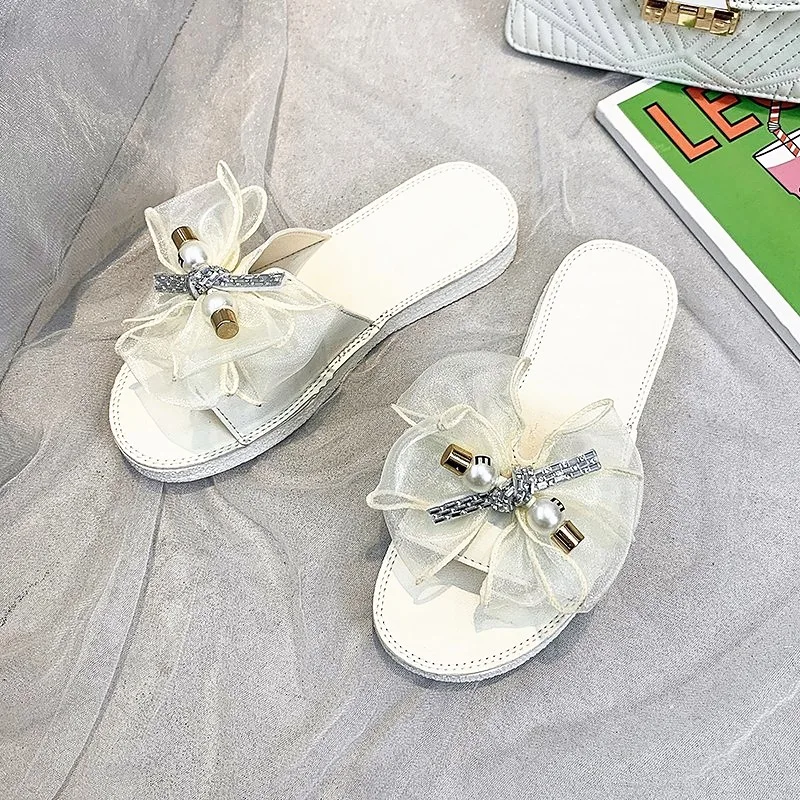 

Shoes Slippers Women Summer Slides Pantofle Low Butterfly-Knot Lace Fashion Jelly Flip Flops 2021 Luxury Flat Glitter PU Hoof He