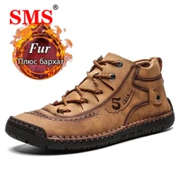 sms fashion men leather boots warm fur snow boots winter hiking shoes sneakers split leather comfortable ankle lace up boots