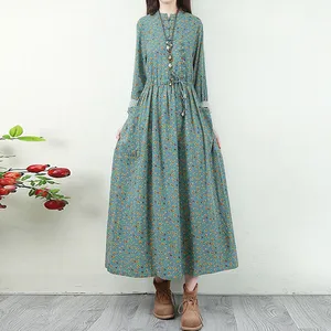 Женское длинное платье из хлопка и льна, повседневное ТРАПЕЦИЕВИДНОЕ ПЛАТЬЕ из хлопка и льна с винтажным цветочным принтом в искусственном стиле, в стиле девушки из леса, P1443, осень 2020