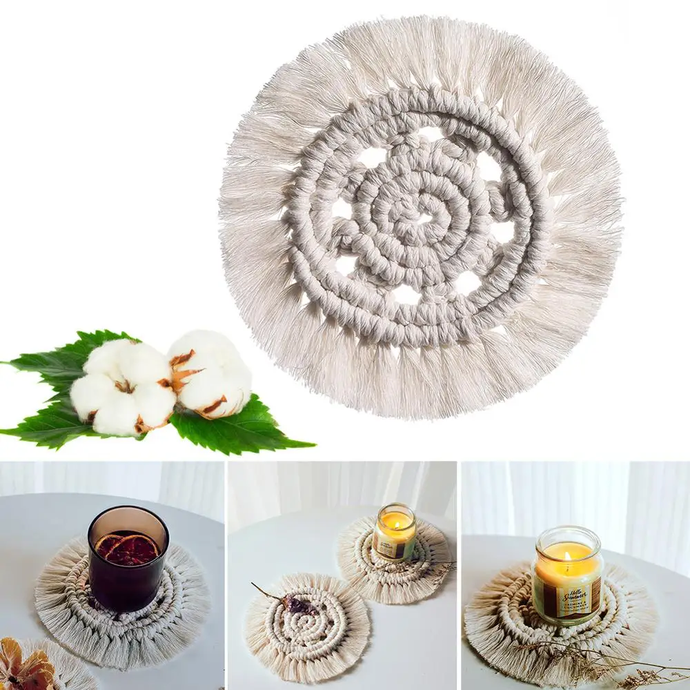 

1pc Northern Europe Macrame Cup Pad Bohemia Tablecloth Table Mat Pure Handmade Cotton Braid Non-slip Insulation Mats For Kitchen