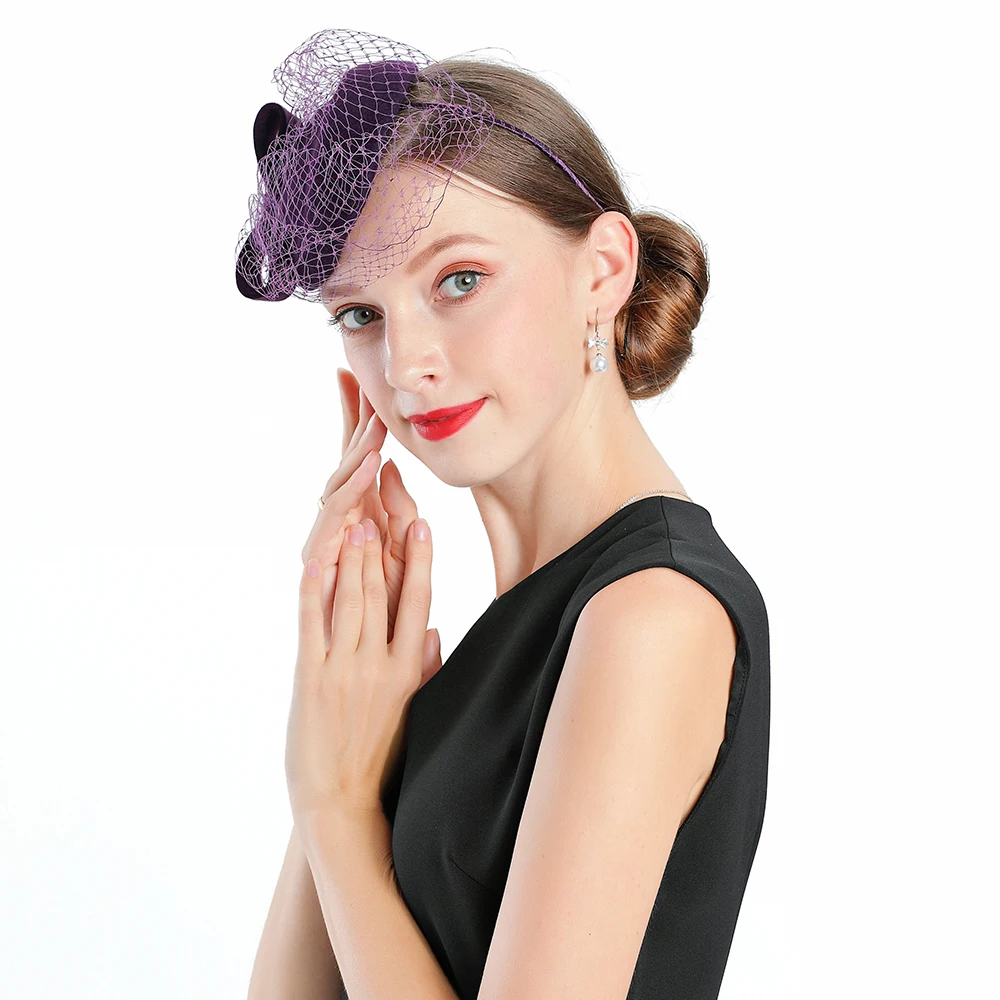 Федора Хэтс пурпл фасцинатор для женщин элегантная церковная шерсть с вуалью и бантом головной убор подарки на день рождения свадебные модные пиллбокс-кепки.