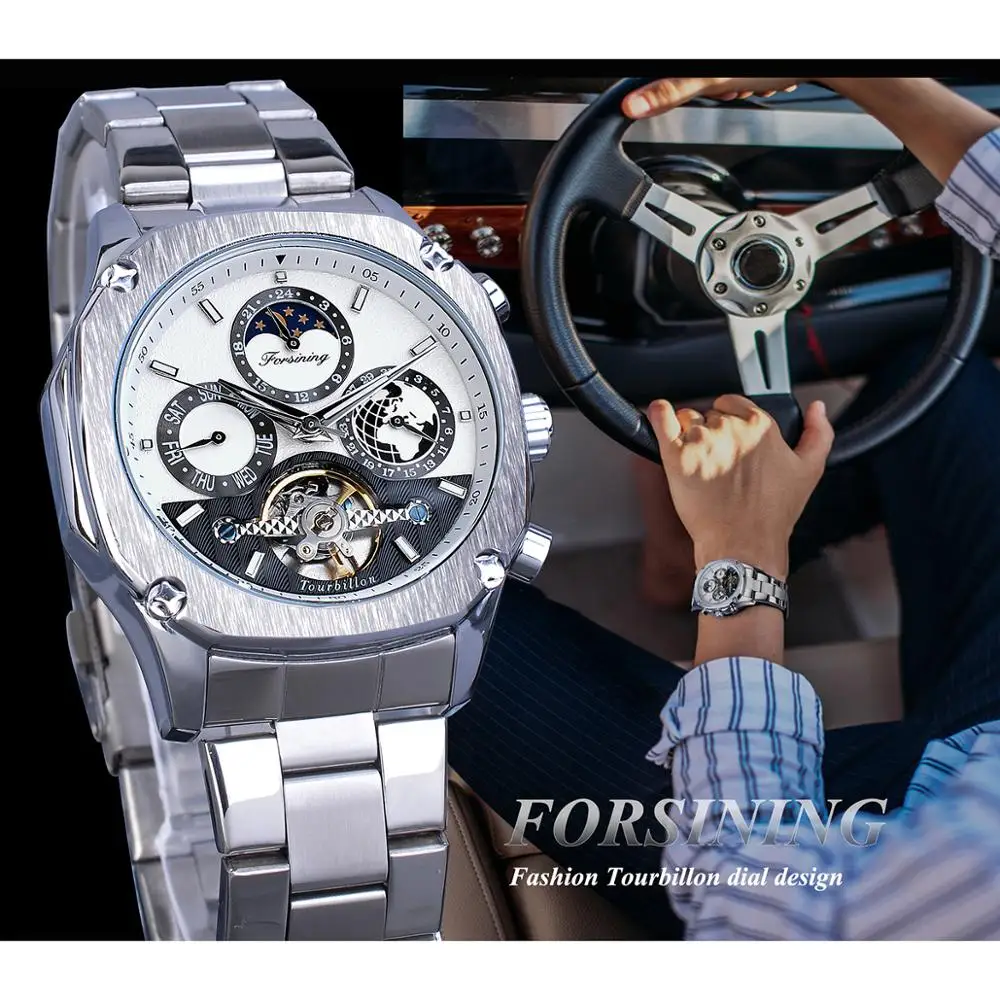 Forsining квадратные мужские механические наручные часы Tourbillon Moon Phase Calendar автоматическое Деловое платье ремни для наручных часов из нержавеющей стали
