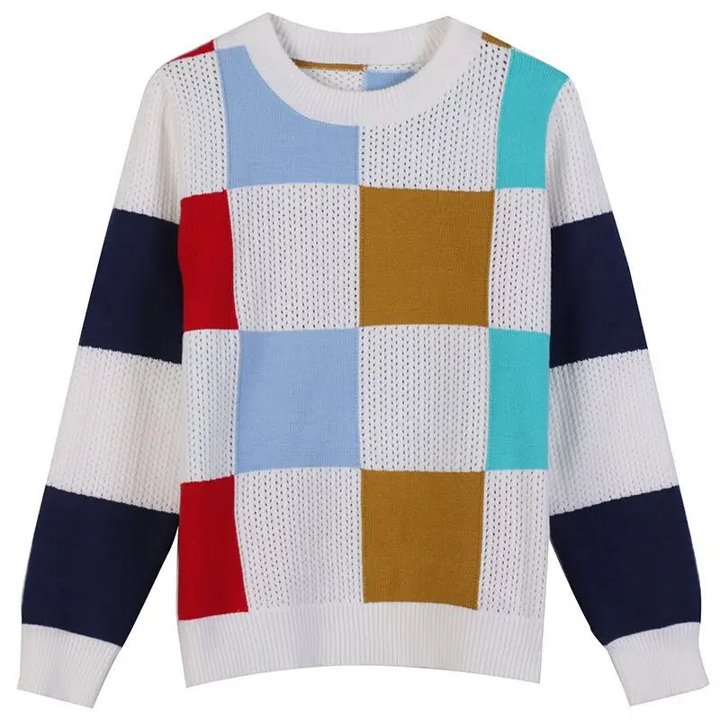 

Knitted sweater women autumn winter 2020 long sleeve color block plaid casual jumper Pullover ladies tops mulher blusas Knitwear