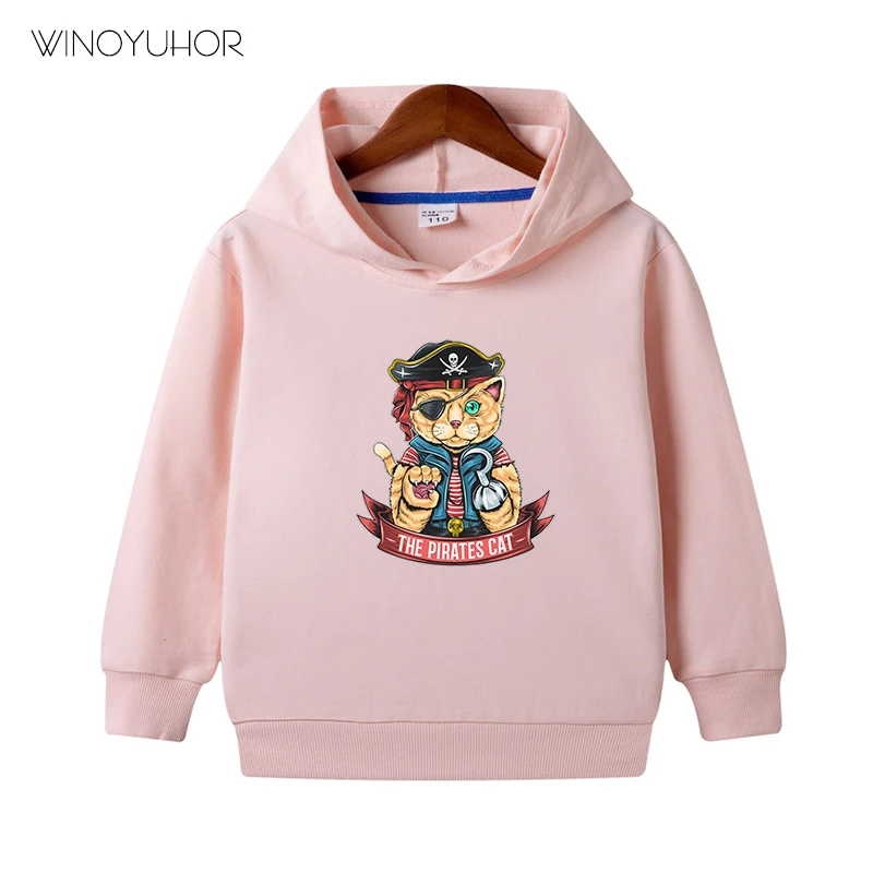 Sudadera con capucha con estampado de gato pirata para ni&ntilde;o y ni&ntilde;a, jerseys de manga larga de algod&oacute;n, ropa de calle fresca, ropa de Hip Hop para oto&ntilde;o-3