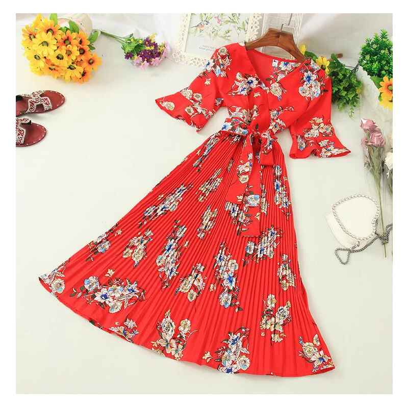 Boho 2020 V Neck Floral Print Summer Bandage Dress Midi Long Chiffon Party Women Casual Elegant Pleated Beach Holiday Dresses | Женская