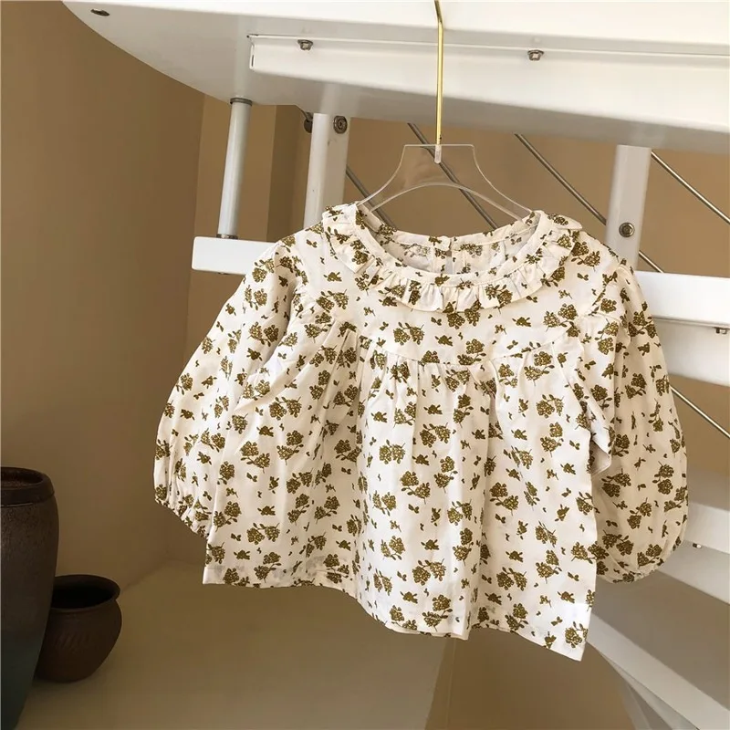 

Small Flower Printed Girls Blouses Ruffles Collar Blouses Girls Tops Kids Spring Cotton Shirts Children Casual Clothing 2-5Y